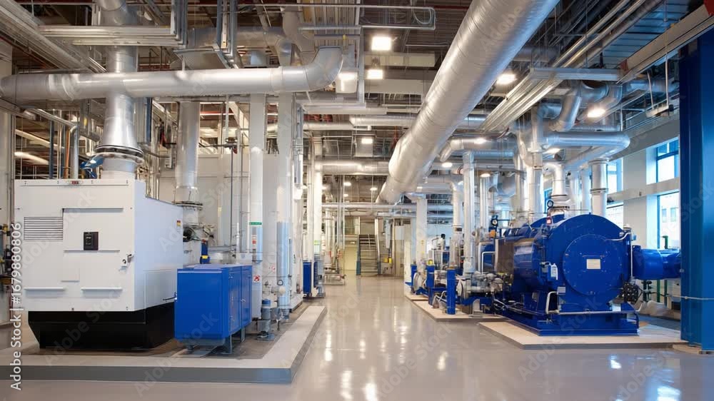Poster efficient gas boilers release gentle steam in a pristine boiler room, featuring a complex network of