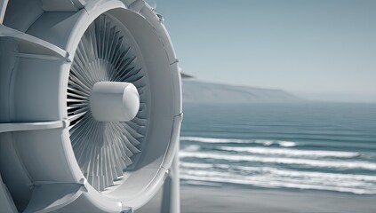 Close-up view of a large, light gray jet engine against a serene coastal backdrop, showcasing intricate turbine blades and a tranquil ocean vista.