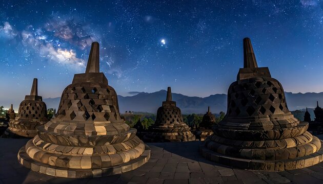 Borobudur Temple Night Sky Java Indonesia Milky Way.