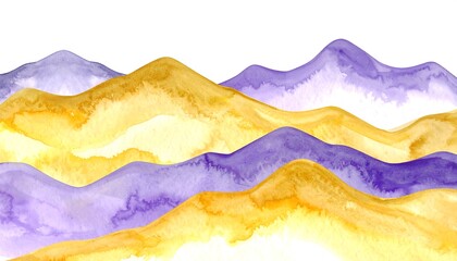 A watercolor landscape painting portrays a serene, undulating mountain range, with layers of golden yellow and violet hues, creating a captivating visual composition.