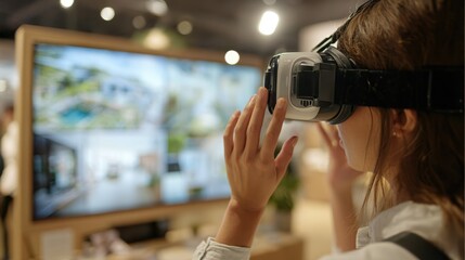 Medium shot of a person using a VR headset while exploring a 3D virtual showroom with product details clearly in focus and background blurred.