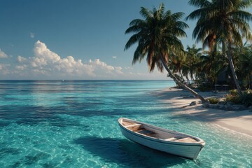 Tropical paradise with a wooden boat on crystal-clear waters, bordered by palm trees on a sandy beach. Perfect for travel and vacation promotions.