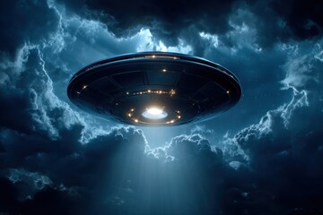 A sleek UFO with a metallic hull hovers amidst dramatic clouds, illuminated by cosmic light. Ideal for sci-fi, technology, and mystery themes.