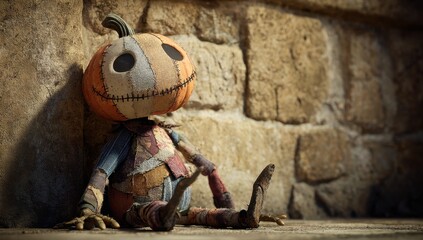 Patchwork pumpkin doll with stitched face and vintage style, sitting against a stone wall. Perfect for Halloween, autumn themes, decoration, crafts, toy design, and seasonal creative projects.