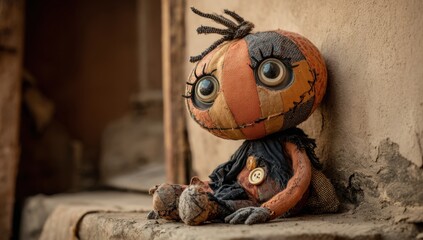 Cute stuffed pumpkin doll with big sad eyes, handmade patchwork style, perfect for Halloween, autumn decorations, crafts, childhood themes, toy design, and creative seasonal concepts.