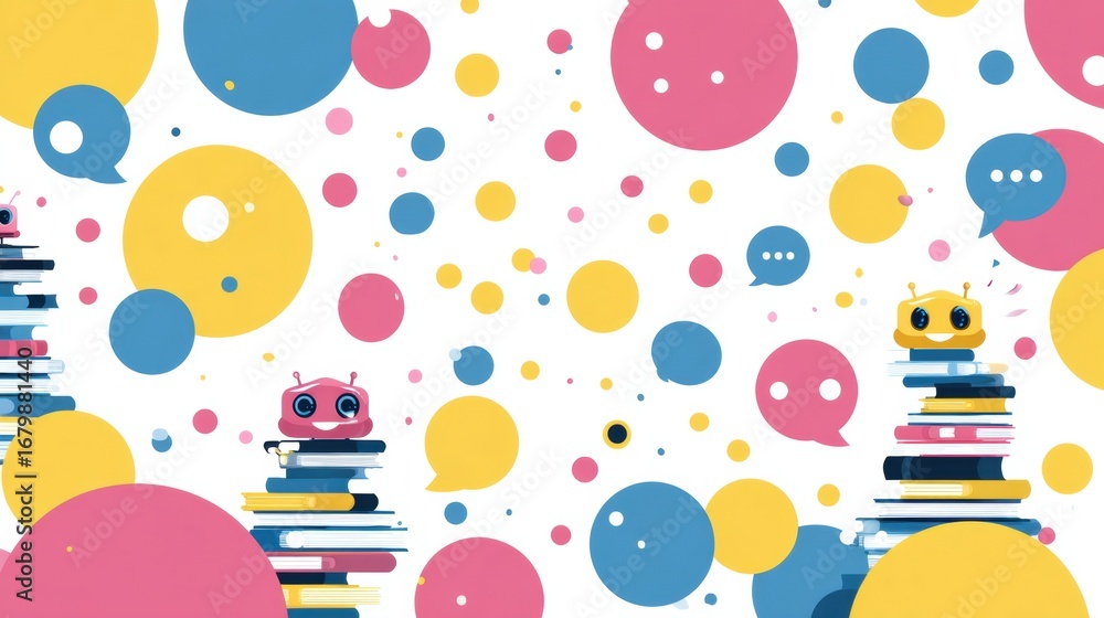 Poster colorful cartoon robots on stacks of books with vibrant circles in a playful learning environment