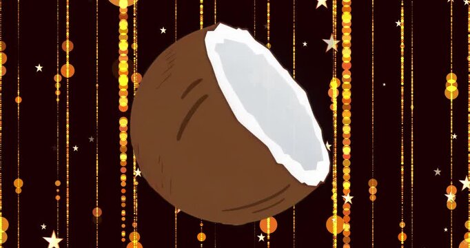 Animated coconut half appearing center rotating and tilting revealing surfaces on amber drape