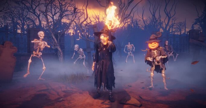 Spooky Witch with Torch and Skeletons in Haunted Graveyard &ndash; Halloween 3D Animation