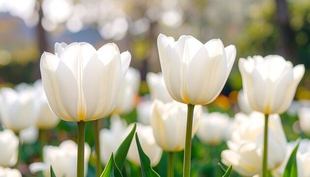 A close-up view of several pristine white tulips in a garden, bathed in sunlight.