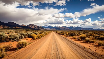 A scenic dirt road stretches into a vast, arid landscape, flanked by low, scrubby vegetation and a backdrop of majestic mountains under a partly cloudy sky.