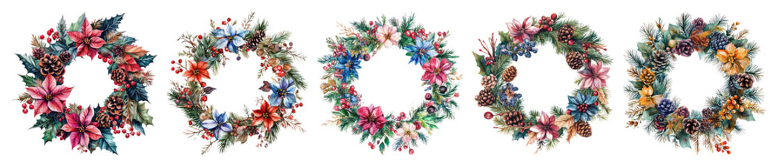 Fototapeta premium PNG Colorful floral wreaths for decoration, element set on transparent background