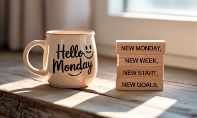 A cream-colored mug with the words "Hello Monday" in a script font sits beside wooden blocks stacked 