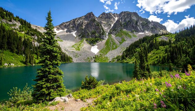 Majestic Mountain Lake Surrounded by Lush Green Forest and Wildflowers Under a Blue Sky.