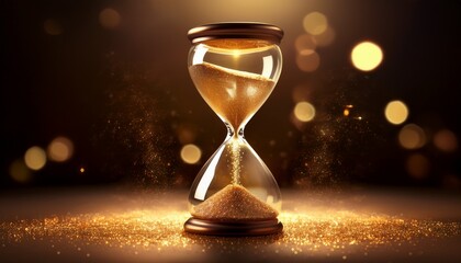 an hourglass with golden sand glowing and sparkling in the dark background