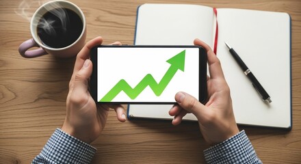 Smart Finance in Action: A close-up shot reveals a person holding a mobile device displaying an upward-trending green arrow, accompanied by a steaming coffee mug and a notepad.