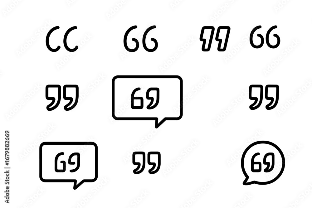 Poster quote line icon set. quotation marks, comma, and speech bubble vector collection. simple outline sym