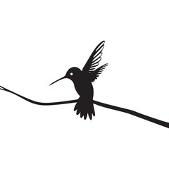 Black silhouette of a hummingbird perched on a thin branch with wings spread against a white background