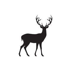 Black silhouette of a majestic stag with large antlers standing against a white background deer