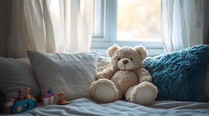 Cozy bedroom interior with teddy bear on bed near window and pillows for home decor and child comfort