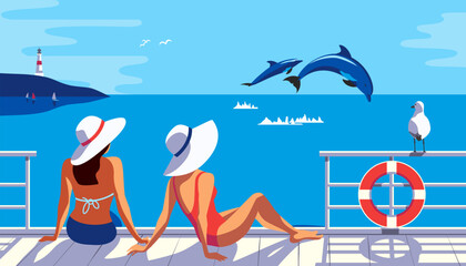 Two Females Sunbathing on Sea Pier Poster. Woman in sun hat enjoy playful dolphins jumping vector illustration. Blue ocean scenic view cartoon. Summer holiday vacation season tourist trip background