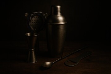 Elegant Barware Arrangement: A Stylish Display of Cocktail Tools in Low Light