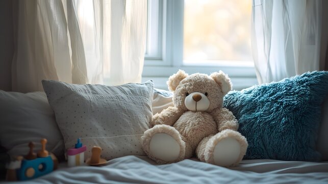 Cozy bedroom interior with teddy bear on bed near window and pillows for home decor and child comfort