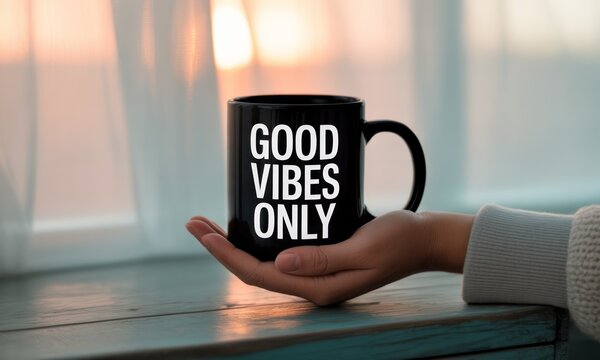 A hand holds a black mug with the words "Good Vibes Only" displayed. Sunlight streams through a window, illuminating the mug and background
