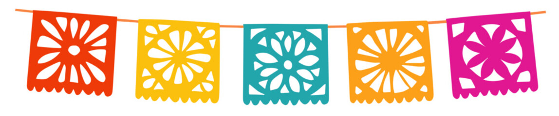 Colorful decoration, cut out garland. Dia de los Muertos, Mexican Day of the Dead. Halloween paper bunting flags, papel picado. Isolated vector hand drawn birthday party decor. Festa Junina holiday