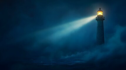 Explore dramatic lighthouse scene shining light through dense fog coastal navigation safety beacon guidance night view