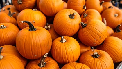 A close-up of many pumpkins
