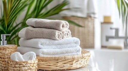 Luxury spa bathroom towels stacked in wicker basket for home decor and organization ideas inspiration