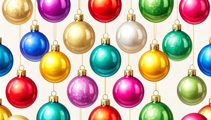 Christmas ornaments in various colors hanging