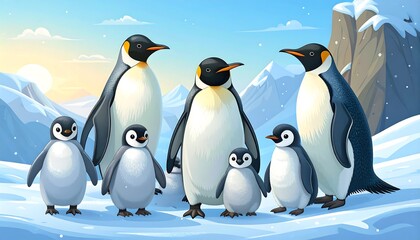 A family of emperor penguins stands proudly on a snowy landscape at sunrise.