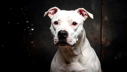 A captivating  portrait of a white dog, showcasing its attentive gaze and striking features against a dark backdrop.
