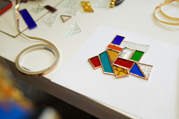 Creative stained glass workshop. Close up 