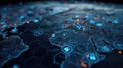 A global network map displaying data connections and security features, highlighted by glowing hexagonal shapes and a dark background.