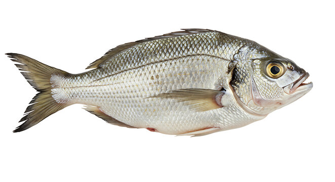 Fresh tambaqui fish, isolated on white background, realistic details of skin and scales