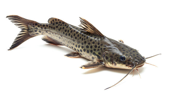 Freshwater pintado (catfish) isolated on white background, elongated body with visible dark spots