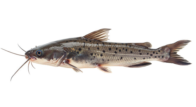 Freshwater pintado (catfish) isolated on white background, elongated body with visible dark spots
