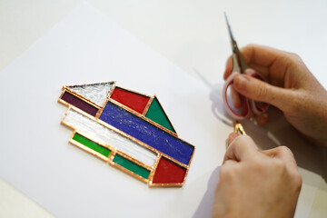 Creative stained glass workshop. Close up 