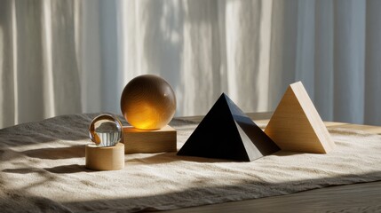 Minimalist sculptural scene with geometric solids in soft morning light, wooden and stone textures on fabric surface, balance and harmony in abstract modern design photography