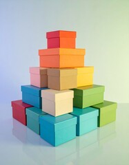 Fototapeta premium Colorful gift boxes stacked in a pyramid shape against a soft pastel backdrop.