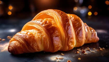 freshly baked croissant with a crispy transparent golden exterior and soft buttery layers inside