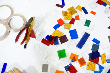 Creative stained glass workshop. Close up 