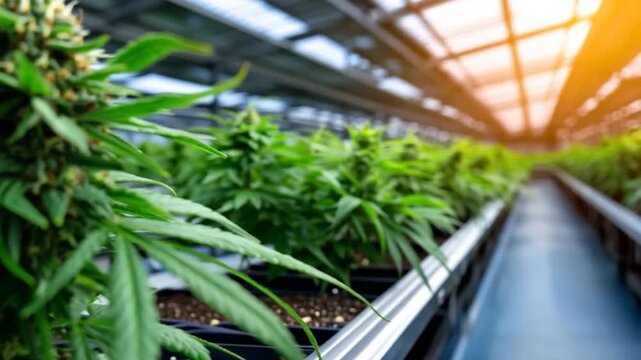 Growing cannabis plants in a greenhouse during sunset with vibrant green foliage