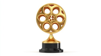 Obraz premium Polished golden reel award trophy, elegantly displayed on a dark pedestal against a white backdrop.