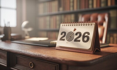 A vintage-style desk calendar for 2026, displayed on a wooden desk in a library-like setting.  A dart hitting a target is featured on the calendar page