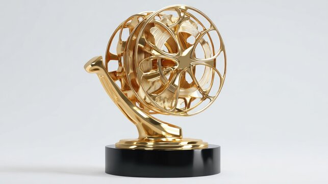 A sophisticated, golden award sculpture, featuring a  reel design, sits on a dark base against a plain background.
