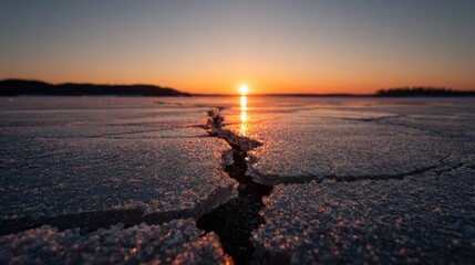 Cracked frozen lake at sunset, icy wilderness landscape, winter nature scene, cold peaceful environment, frozen surface with deep fractures, serene outdoor view