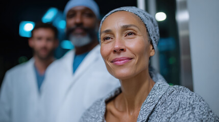 A confident patient, in a healthcare environment, is highlighted with caring healthcare professionals behind, illustrating trust and support within patient care experiences.